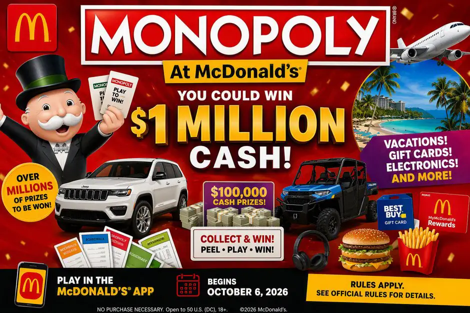 McDonald’s 2026 Monopoly Game – Win $1 Million Cash, Cars, & More