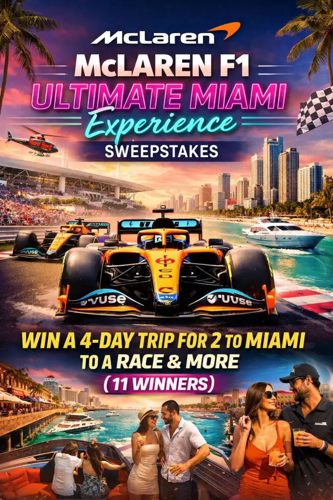 McLaren F1 Ultimate Miami Experience Sweepstakes – Win A 4-Day Trip For 2 To Miami To A Race & More (11 Winners)