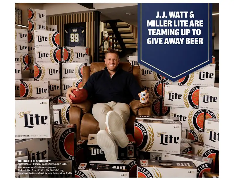 Miller Lite 99 Bottles Of Beer Sweepstakes - Win Cash and A JJ Watt Signed Jersey (99 Winners)