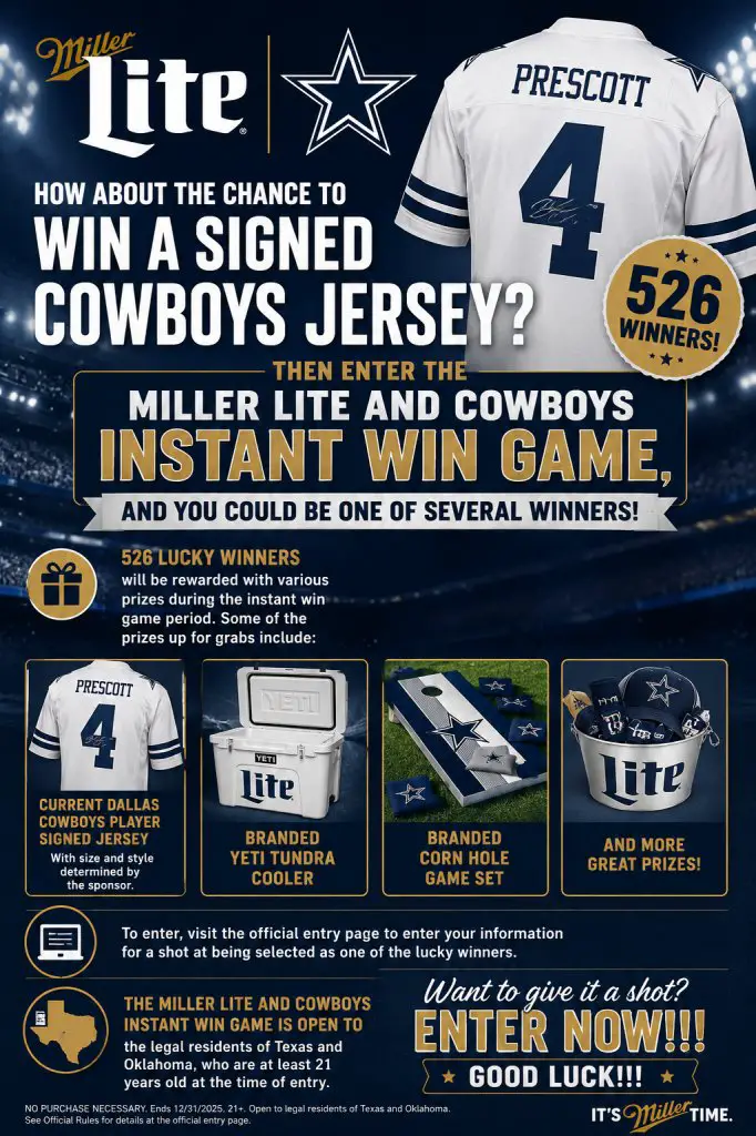 Miller Lite And Cowboys Instant Win Game – Win A Signed Cowboys Jersey, Yeti Gear, & More (526 Winners)