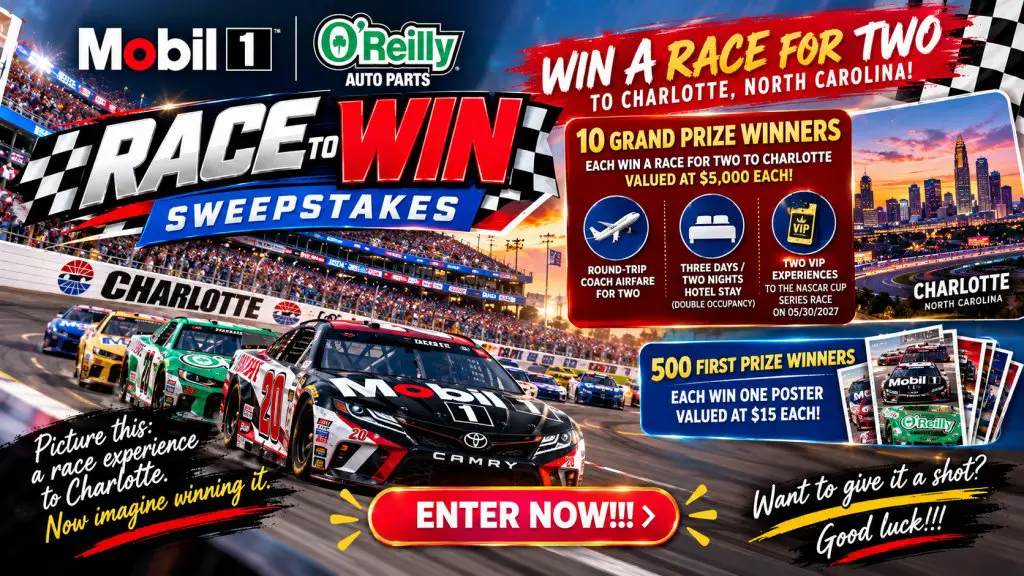 Mobil 1 O’Reily Race To Win Sweepstakes – Win A Race Experience Trip For 2 To Charlotte & More (510 Winners)