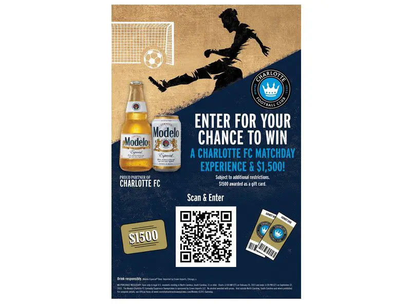 Modelo Charlotte FC Gameday Experience Sweepstakes - Win 2 Home Game Tickets And $1,500 Gift Card