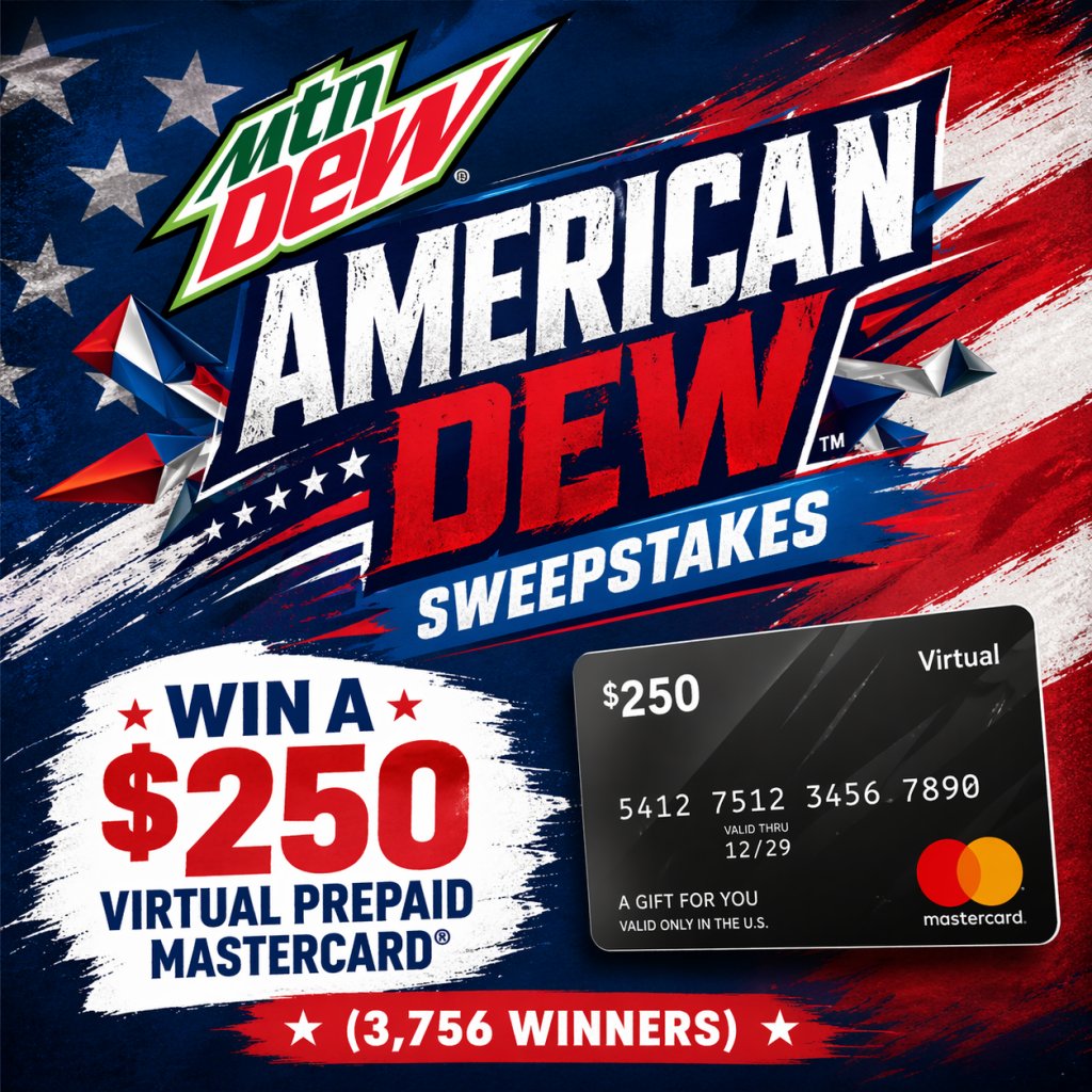 Mountain Dew American Dew Sweepstakes – Win A $250 Virtual Prepaid MasterCard (3,756 Winners)