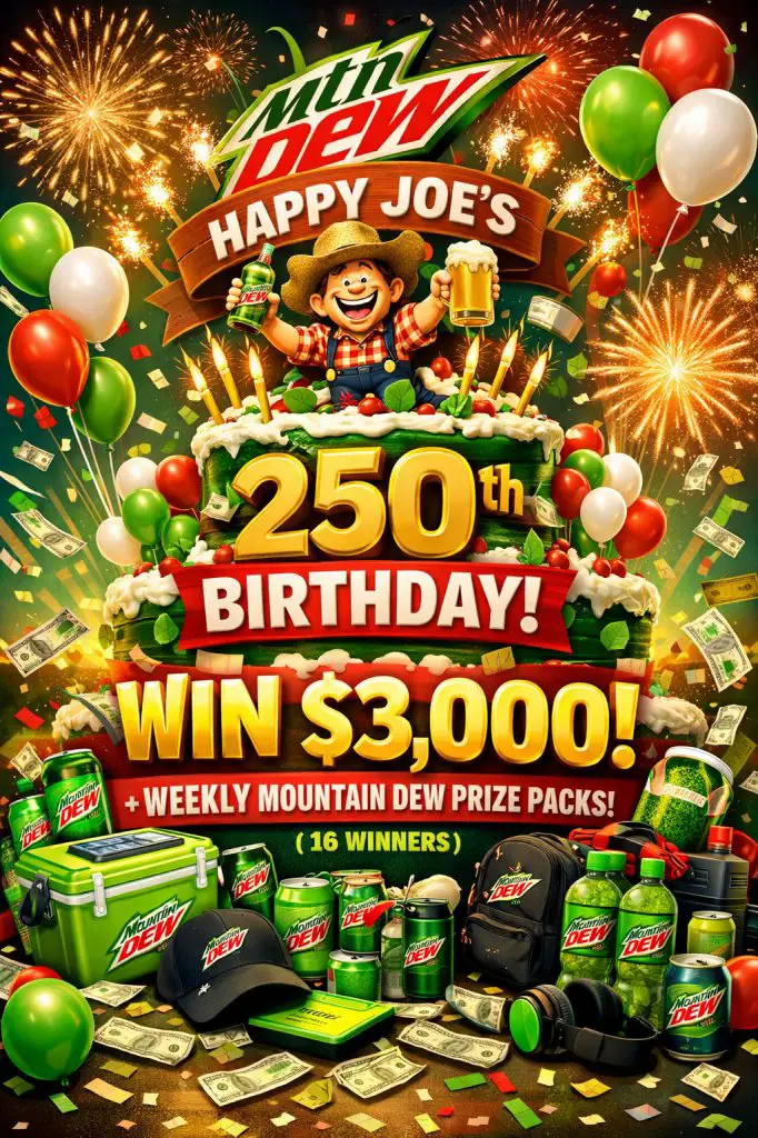 Mountain Dew Happy Joe’s 250th Birthday Giveaway – Win $3,000 + Weekly Mountain Dew Prize Pack (16 Winners)
