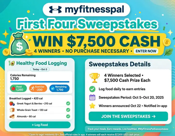 MyFitnessPal First Four Sweepstakes - Win $7,500 Cash; 4 Winners