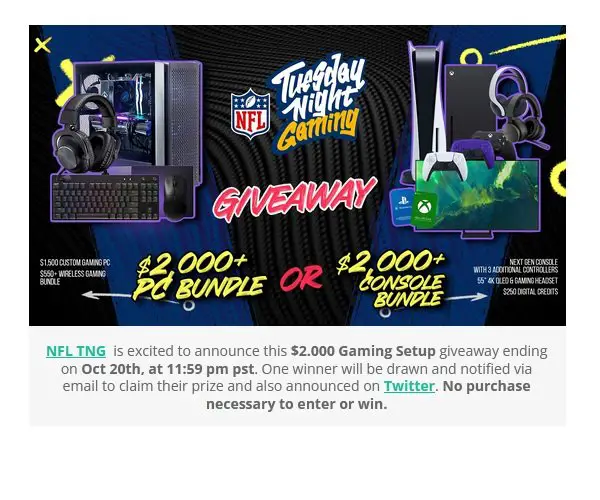 NFL Tuesday Night Gaming Giveaway - Win a Gaming PC or a Next Gen Console Plus $2,000
