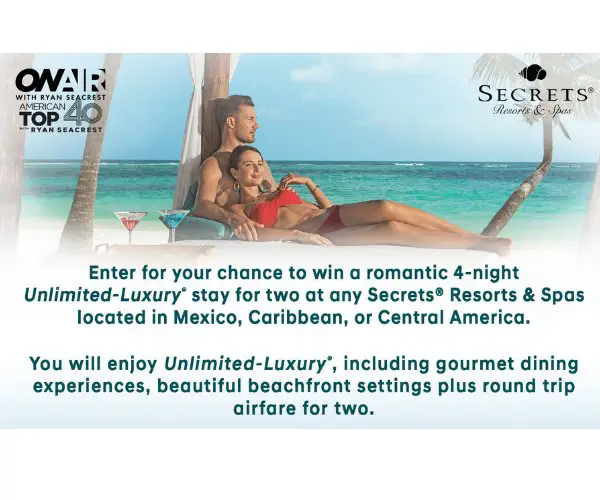 On Air With Ryan Seacrest’s Secrets Resorts & Spas Sweepstakes - All-Inclusive Vacation For 2