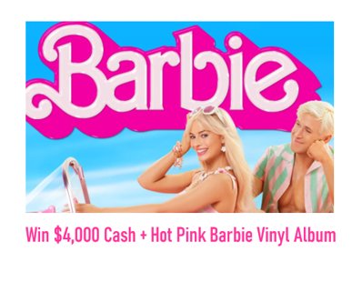 OnAir With Ryan Seacrest Barbie Dream Sweepstakes - Win $4,000 Cash + Hot Pink Barbie Vinyl Album