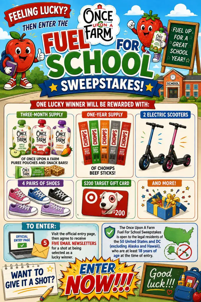 Once Upon A Farm Fuel For School Sweepstakes – Win A 3-Month Supply Of Once Upon A Farm Puree Pouches And Snack Bars