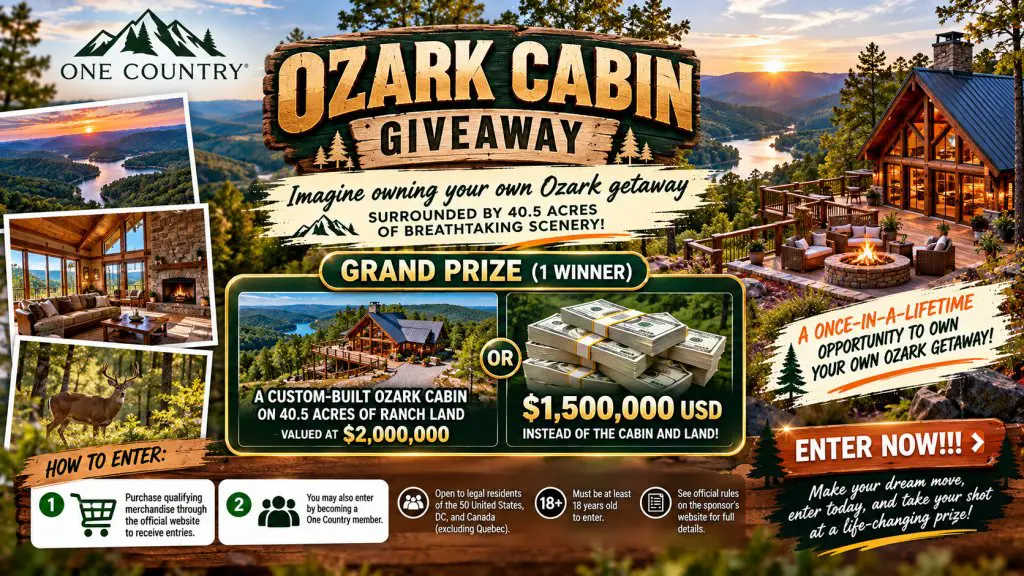One Country Ozark Cabin Giveaway – A $2 Million Cabin Retreat Or $1.5 Million Cash Could Be Yours