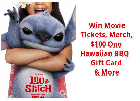 Ono Hawaiian BBQ x Fandango Ohana Movie Night Sweepstakes - Win Lilo & Stich Movie Tickets, Merch & More