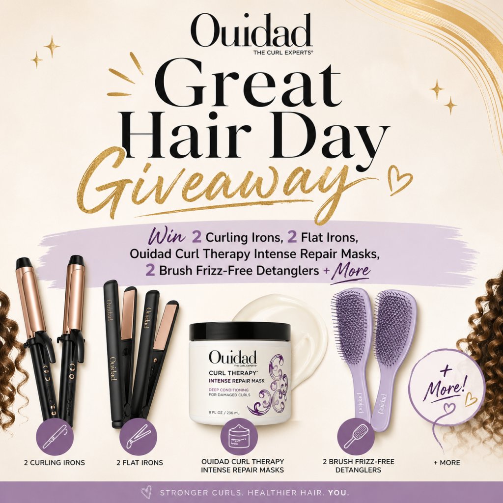 Ouidad Great Hair Day Giveaway – Win 2 Curling Irons, 2 Flat Irons, Ouidad Curl Therapy Intense Repair Masks, 2 Brush Frizz-Free Detanglers + More