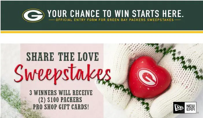 Packers Share The Love Sweepstakes - Win 2 $100 Packers Pro Shop Gift Cards (3 Winners)