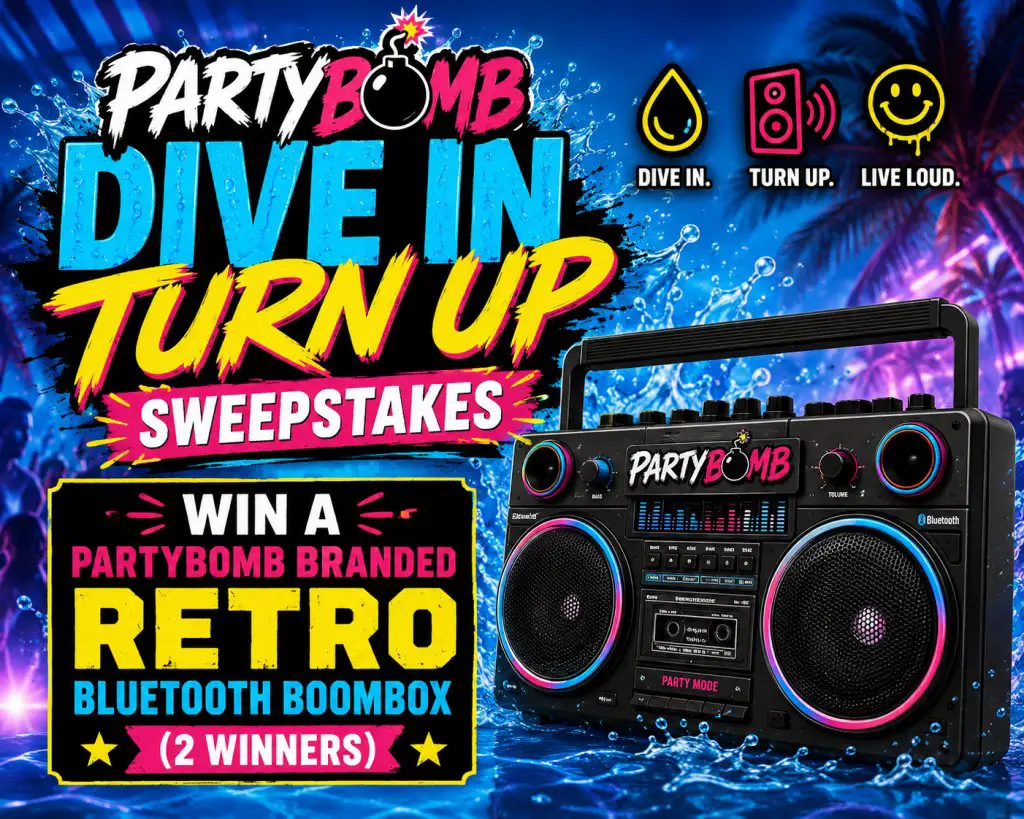 PartyBomb Dive In Turn Up Sweepstakes – Win A PartyBomb Branded Retro Bluetooth Boombox (2 Winners)