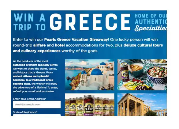 Pearls Olives Greece Sweepstakes - Win A $16,000 Trip For 2 To Greece