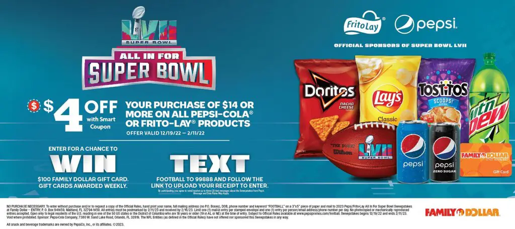 Pepsi/Frito-Lay NFL Super Bowl 2023 Sweepstakes - Win $100 Family Dollar Gift Card (40 Winners)