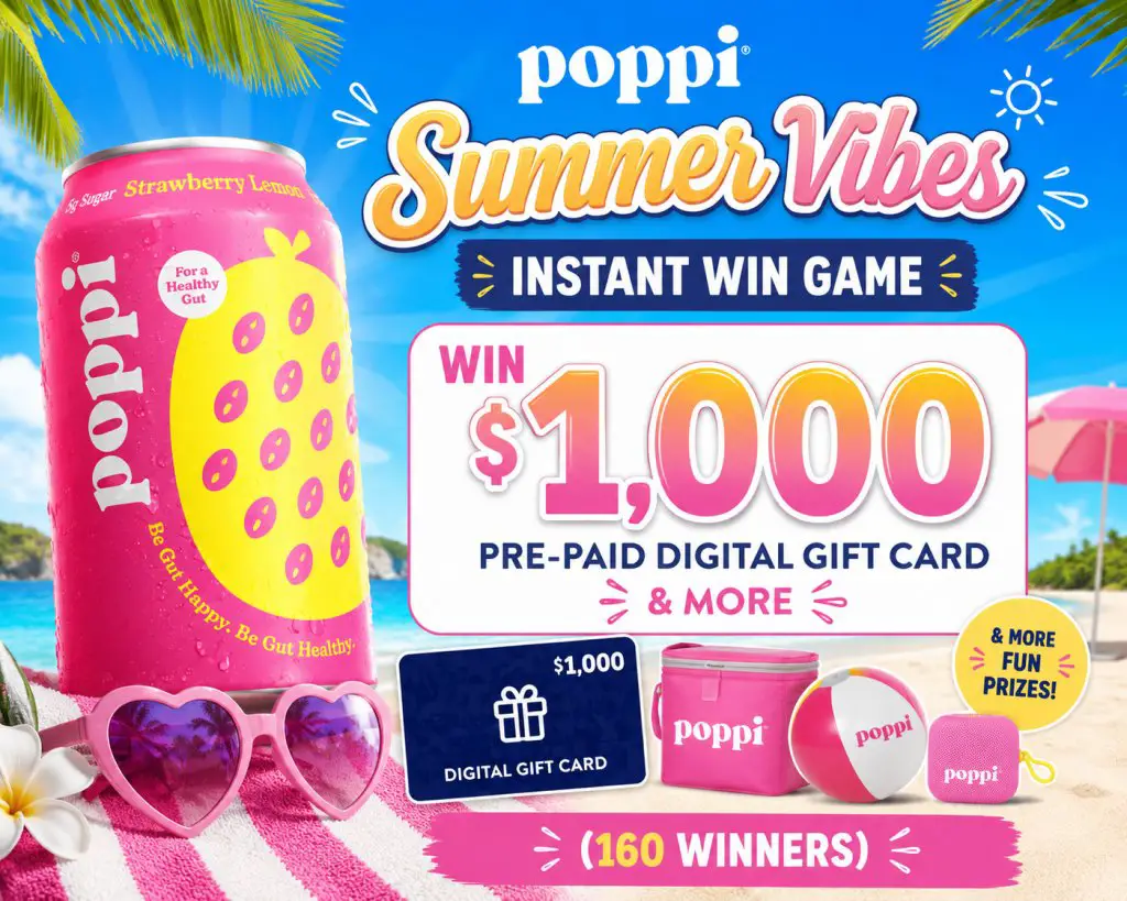 Poppi Summer Vibes Instant Win Game – Win $1,000 Pre-Paid Digital Gift Card & More (160 Winners)