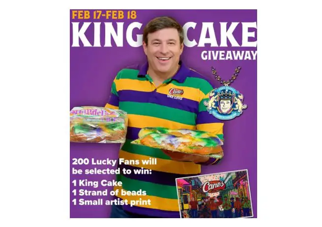Raising Cane’s Mardi Gras Giveaway – Win A King Cake And Custom Mardi Gras Beads (200 Winners)