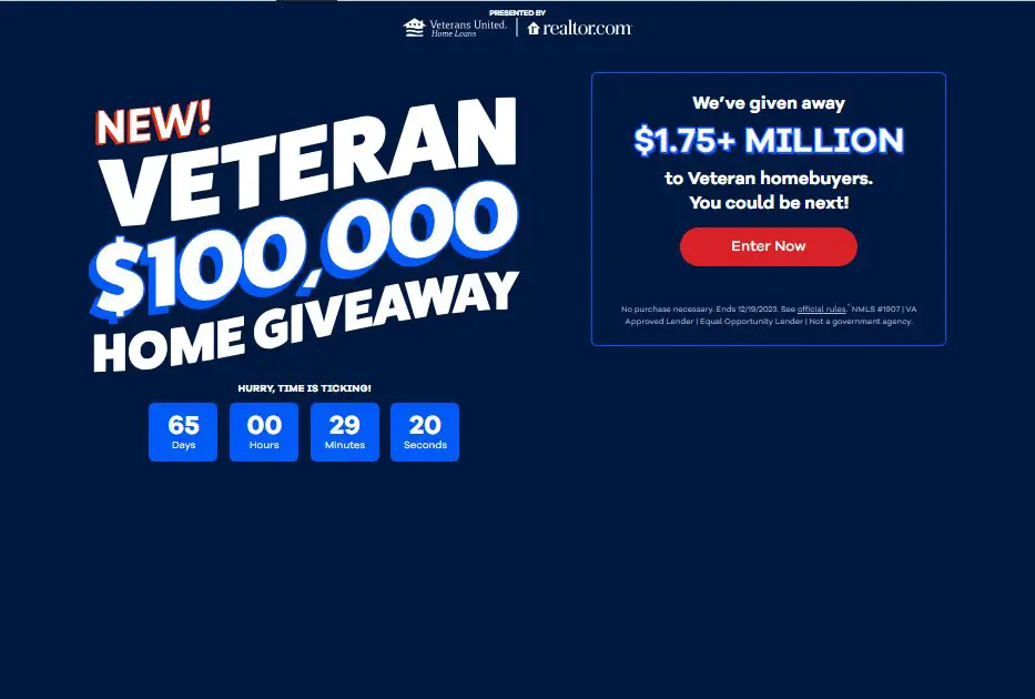 Realtor.com Win $100K Veteran Homebuyer Giveaway - Win $100,000 Cash Towards The Purchase Of A New Home