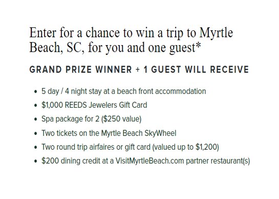 Reeds “Celebrate Life’s Moments” Sweepstakes - Win A $4,360 Trip For 2 To Myrtle Beach, South Carolina