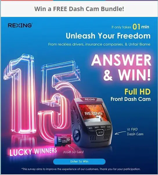 REXING Survey Giveaway - Win A REXING V1 FHD - Real HD Front Dash Cam (15 Winners)