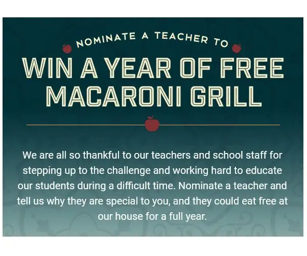 Romano’s Macaroni Grill Teacher Appreciation Sweepstakes - Win a $1,040 Gift Card