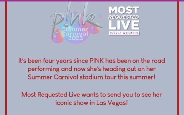 Romeo’s P!NK Flyaway Sweepstakes – Win Free Concert Tickets To See P!NK In Concert