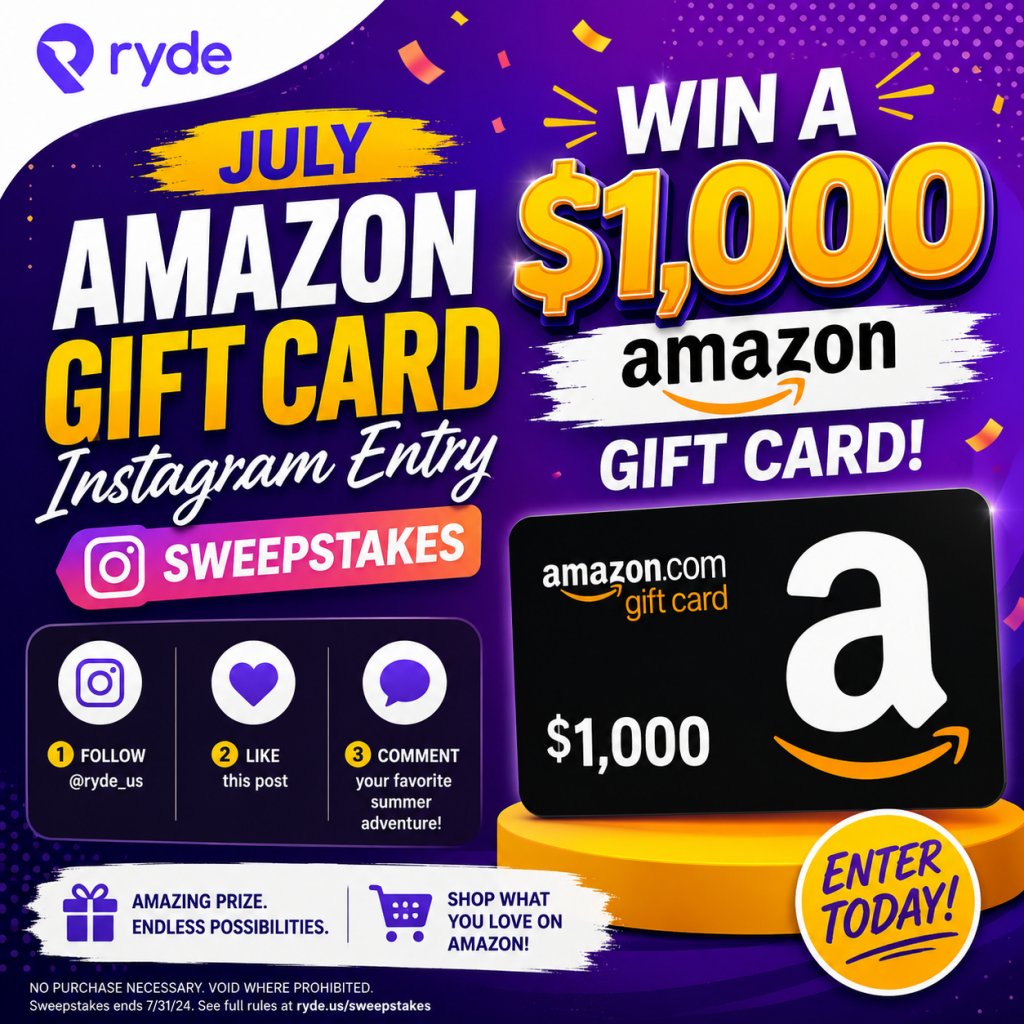 Ryde July Amazon Gift Card Instagram Entry Sweepstakes – Win A $1,000 Amazon Gift Card