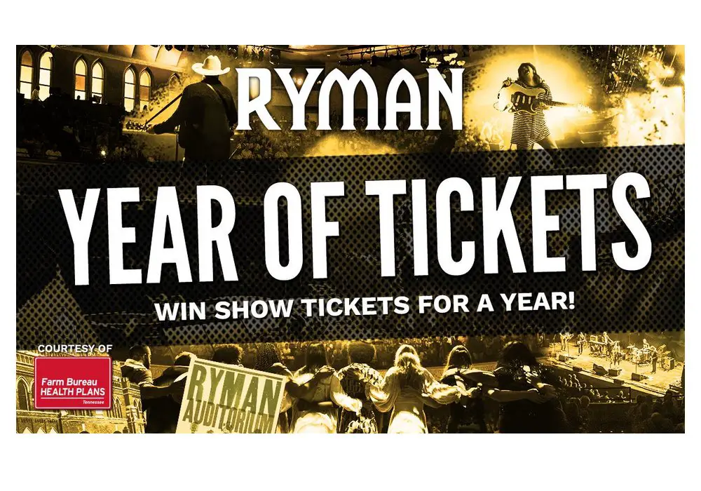 Ryman Year Of Tickets Sweepstakes - Win Two Ryman Concert Tickets Each Month For One Year