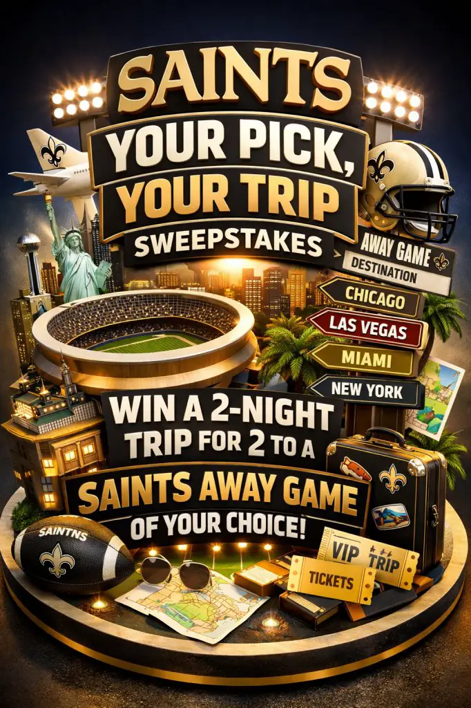 Saints Your Pick, Your Trip Sweepstakes – Win A 2-Night Trip For 2 To A Saints Away Game Of Your Choice