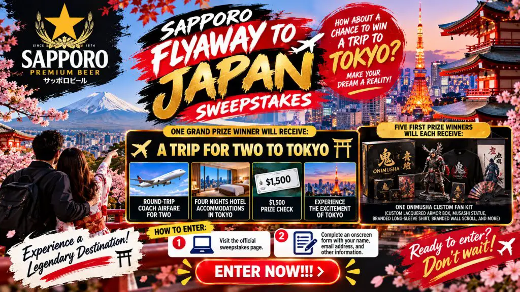 Sapporo Flyaway to Japan Sweepstakes - Win A Trip For 2 To Tokyo & More (6 Winners)