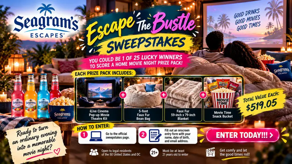 Seagram’s Escapes Escape The Bustle Sweepstakes – Win A Cozy Home Movie Night Pack (25 Winners)