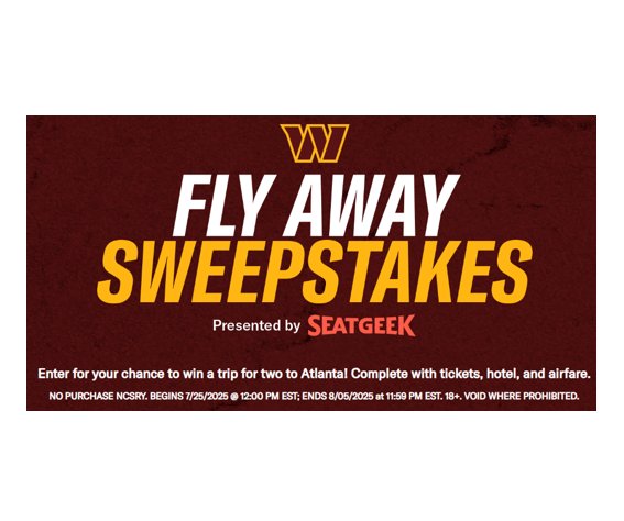 SeatGeek 2025 Gameday Getaway Sweepstakes - Win a Trip for 2 to an Atlanta Falcons vs Washington Commanders Game