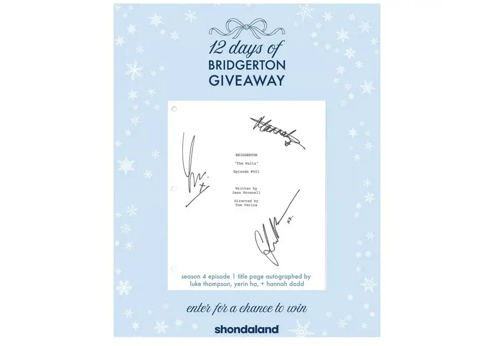 Shondaland 12 Days Of Bridgerton Giveaway - Win A Signed Title Page Script