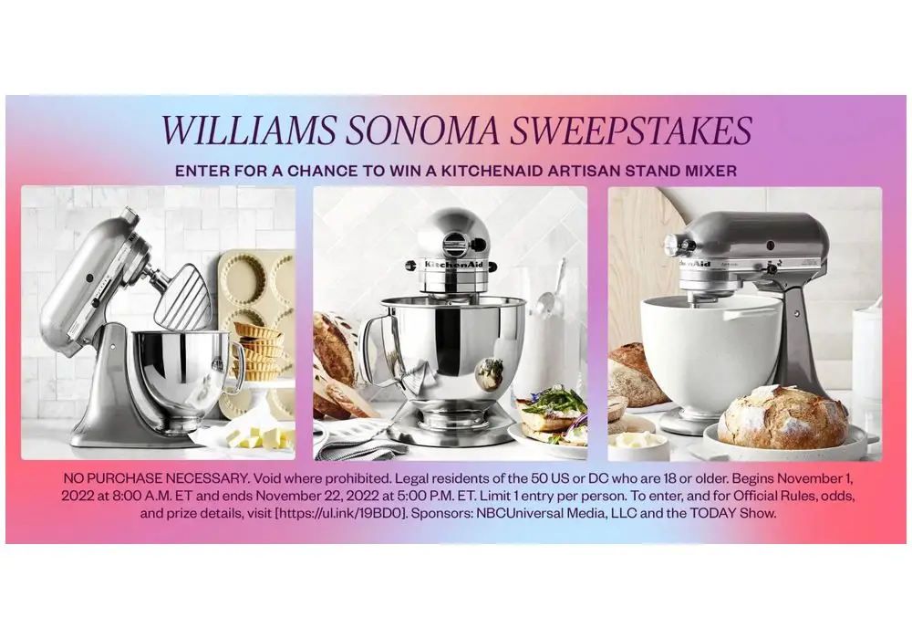 Shop TODAY & Williams Sonoma Sweepstakes - Win A KitchenAid Artisan Stand Mixer (5 Winners)