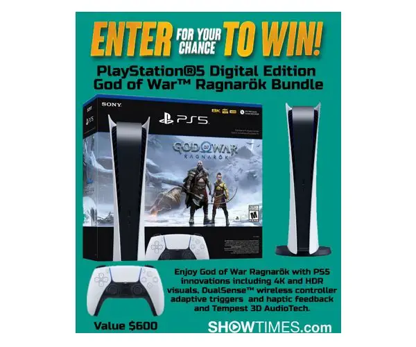 Showtimes God of War Ragnarok Bundle Sweepstakes - Win A PS5 Digital Edition + God of War Bundle