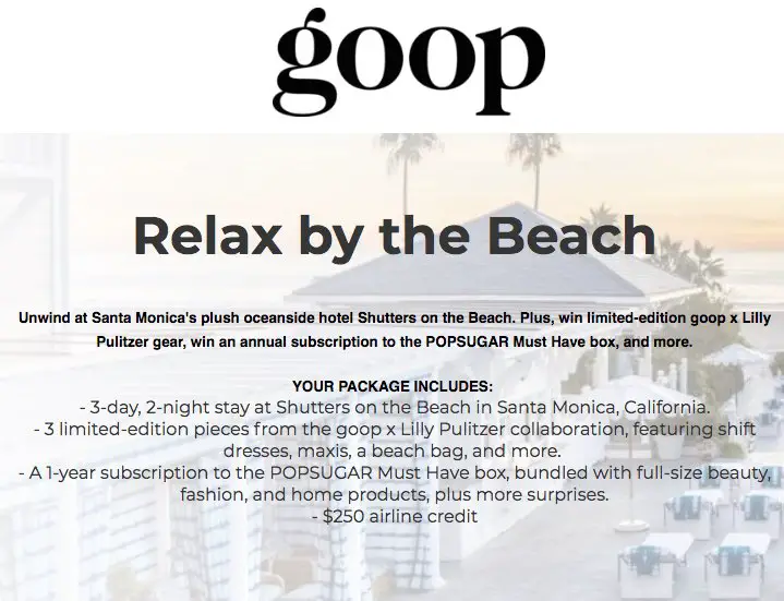 Shutters on the Beach in Santa Monica Sweepstakes