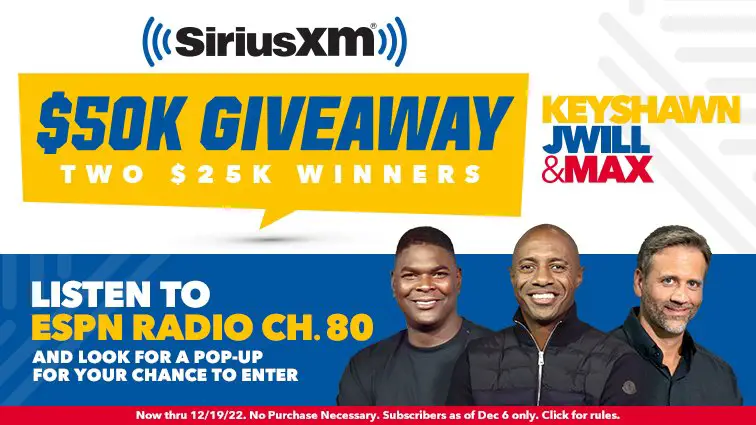 SiriusXM ESPN Cash Sweepstakes - $25,000 Cash, 2 Winners