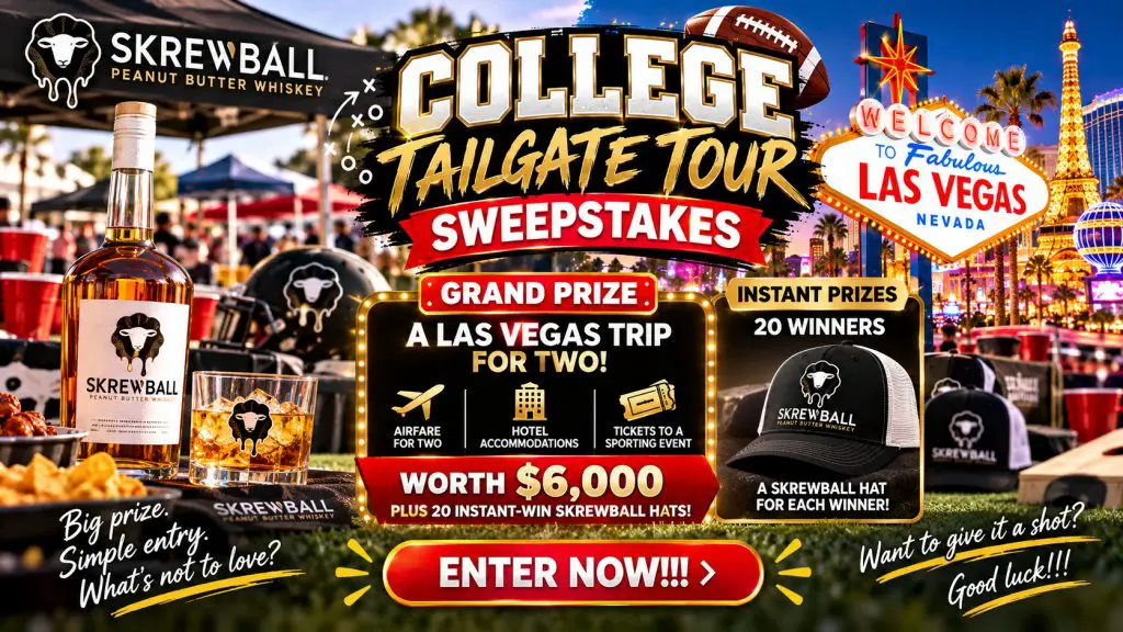 Skrewball Peanut Butter Whiskey College Tailgate Tour Sweepstakes – Win A Las Vegas Trip For 2 & More (21 Winners)