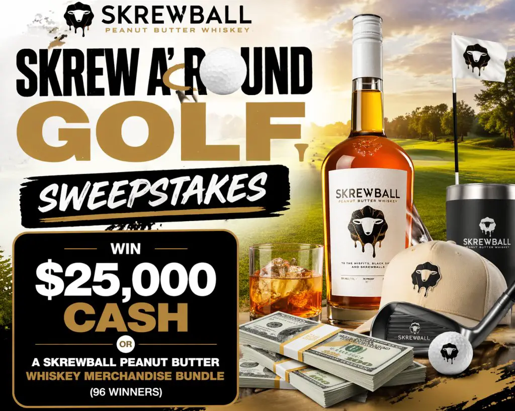 Skrewball Peanut Butter Whiskey Skrew A’ Round Golf Sweepstakes – Win $25,000 Cash Or A Skrewball Peanut Butter Whiskey Merchandise Bundle (96 Winners)