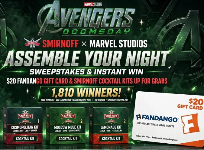 Smirnoff Assemble Your Night Sweepstakes & Instant Win - $20 Fandango Gift Card & SMIRNOFF Cocktail Kits Up For Grabs (1810 Winners)