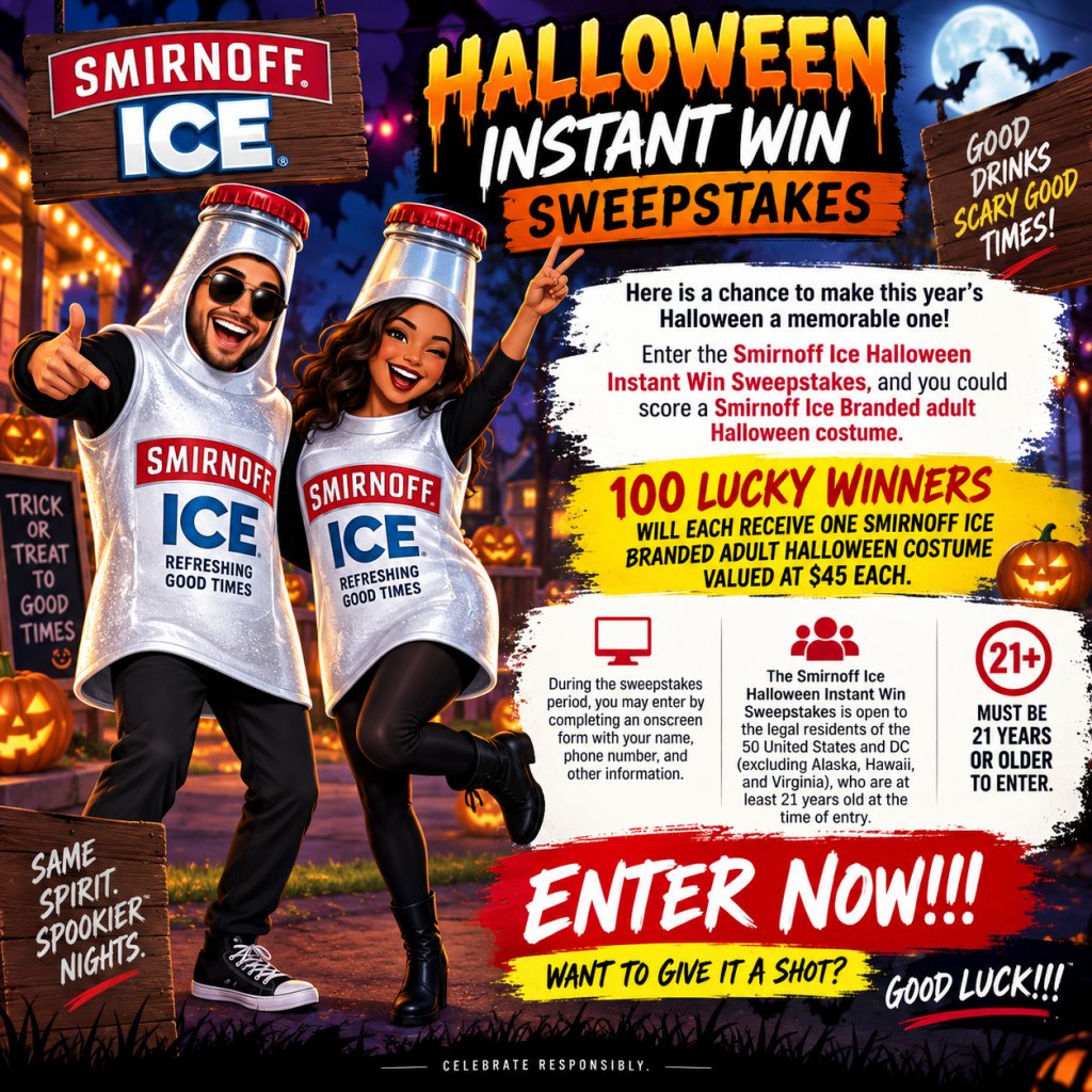 Smirnoff Ice Halloween Instant Win Sweepstakes – Win A Smirnoff Ice Branded Adult Halloween Costume (100 Winners)