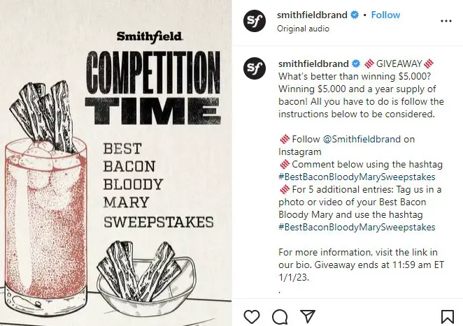 Smithfield Best Bacon Bloody Mary Sweepstakes – Win $5,000 Cash + Free Bacon For A Year