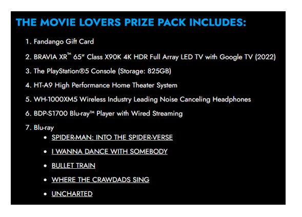 Sony Pictures Movie Lovers Sweepstakes - Win 65" LED Sony TV, PS5, Home Theater System, Blu Ray & More