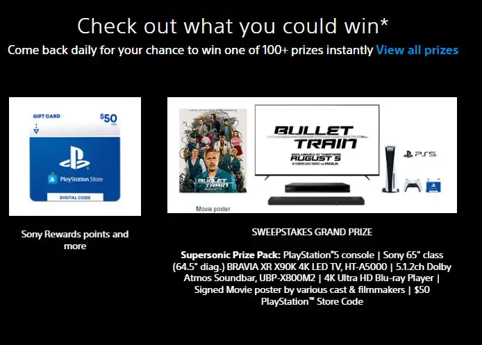 Sony Rewards Bullet Train Sweepstakes & Instant Win - Win PS5, TV & Hundreds Of Instant Win Prizes