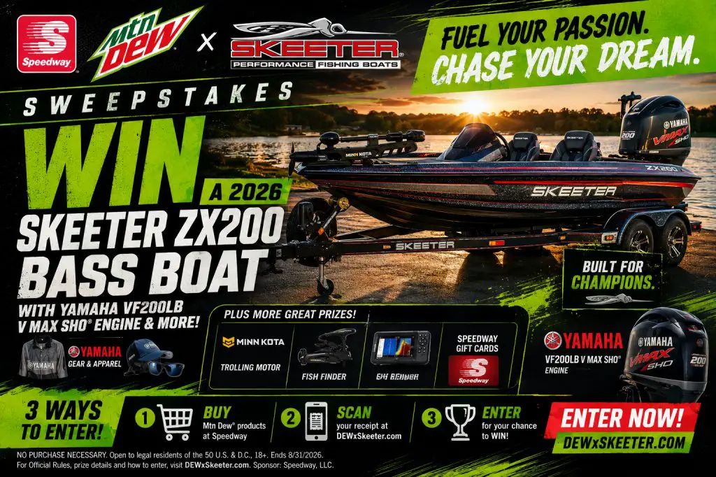 Speedway Dew x Skeeter Bass Boat Sweepstakes – Win A 2026 Skeeter ZX200 Bass Boat With Yamaha VF200LB V Max SHO Engine & More