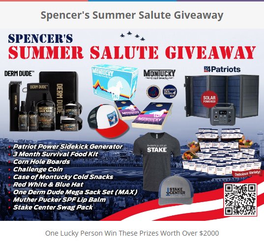 Spencer's Summer Salute Giveaway – Win A Generator, 3 Month Survival Food Kit, Stake Center Swag Pack + More