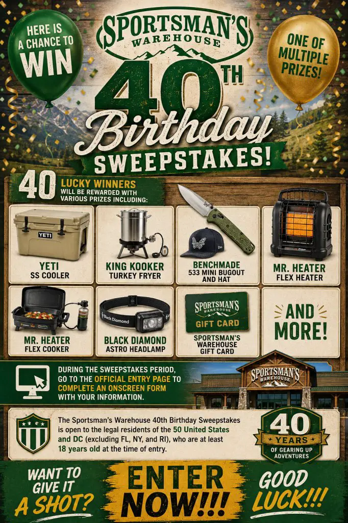 Sportsman’s Warehouse 40th Birthday Sweepstakes – Win Fishing Equipment, Camping Gear, Binoculars, Coolers, Flashlights, Go Bags, & More (40 Winners)