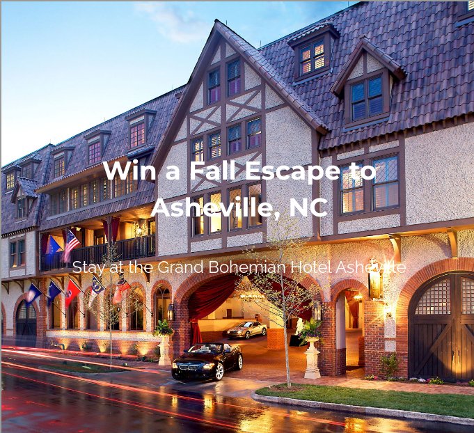 Stellar Partnership Marketing's Fall Escape To Ashville Sweepstakes - Win A 4-Night Grand Bohemian Hotel Stay For  2 & More