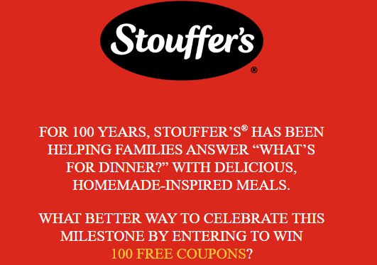 STOUFFER'S 100 Years of Comfort Sweepstakes - WIN 100 STOUFFER'S PRODUCTS